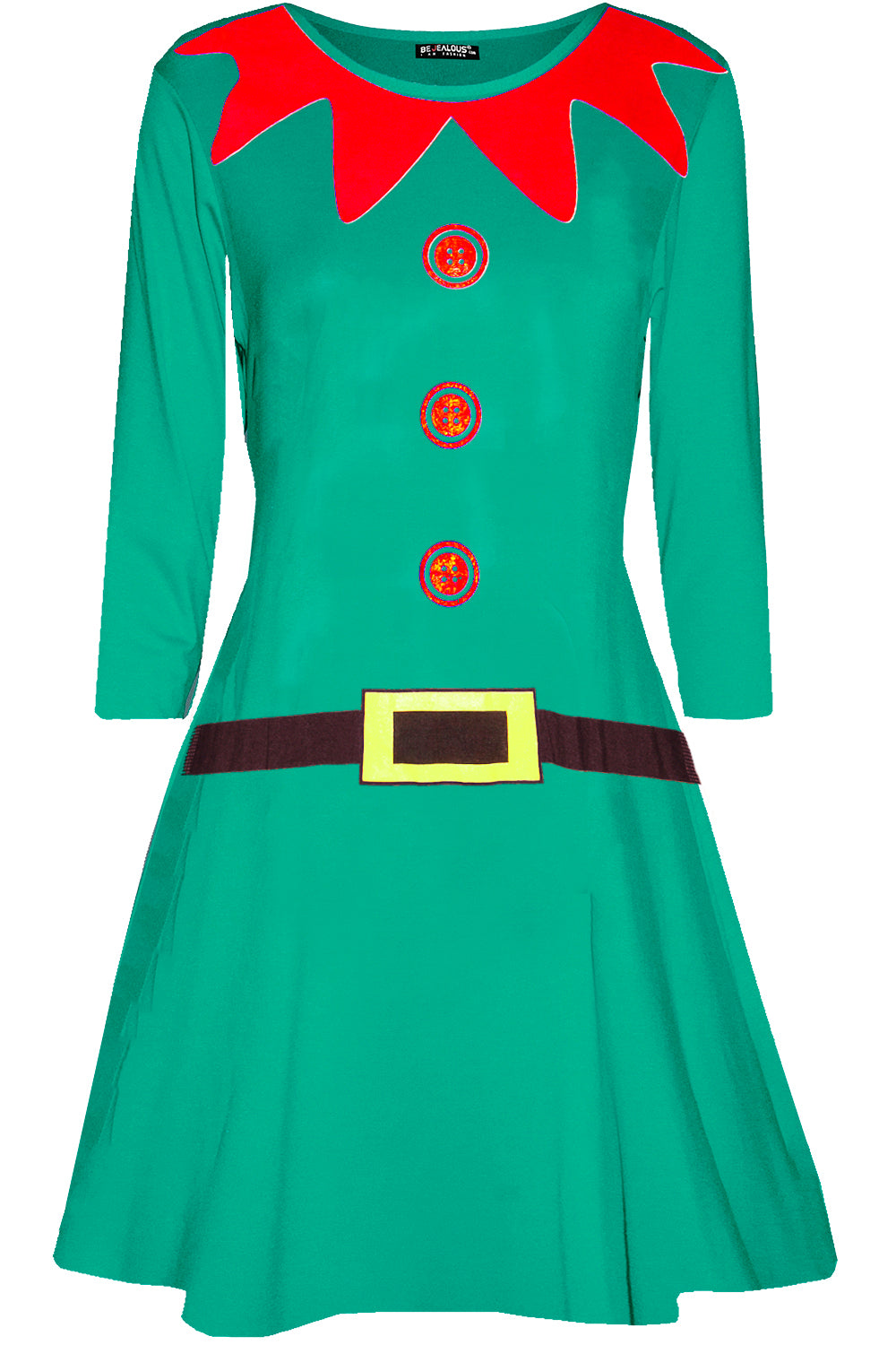 Long Sleeve Elf Print Mini Xmas Dress - bejealous-com