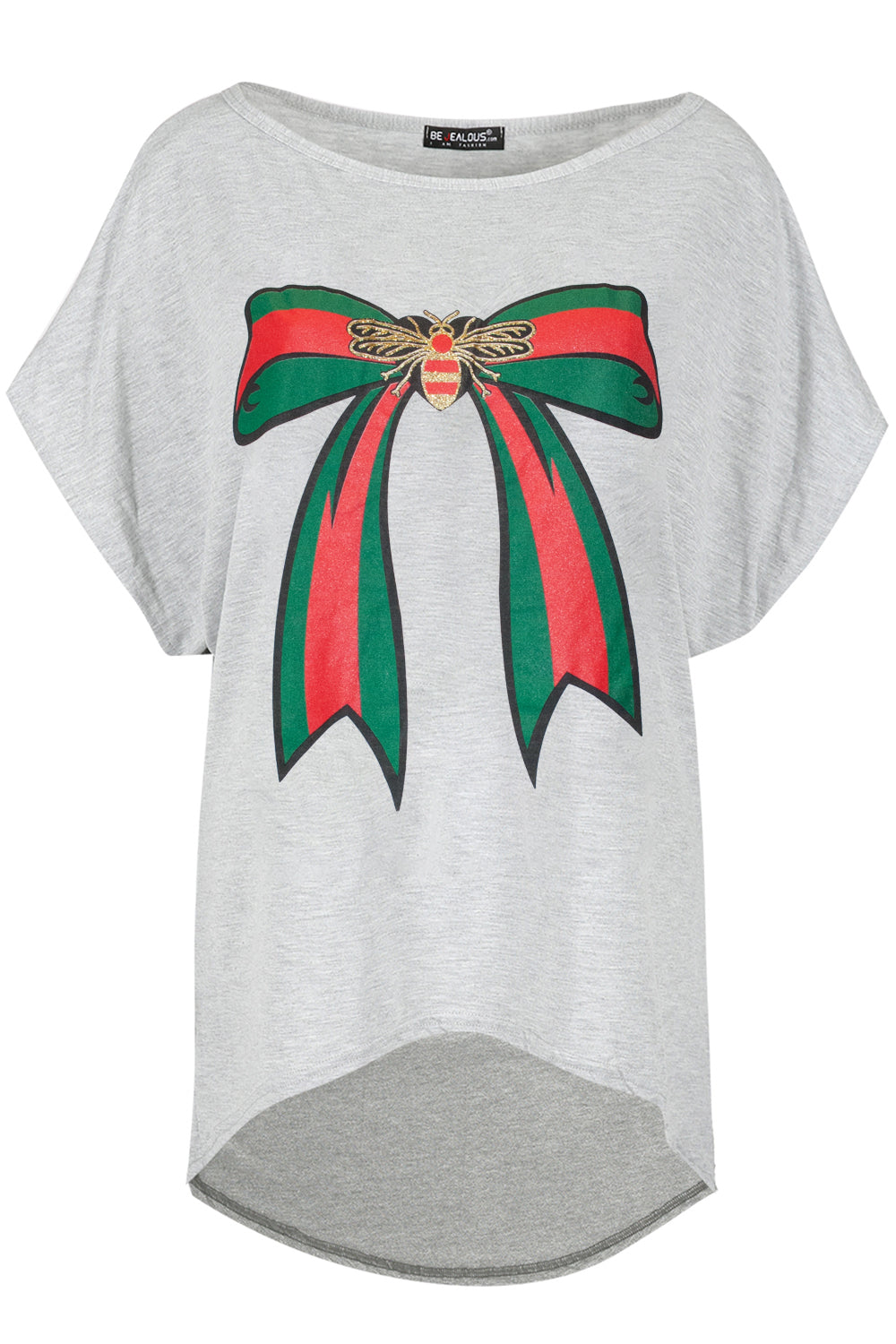 Graphic Print Bow Bat Wing Oversize Black Tshirt - bejealous-com