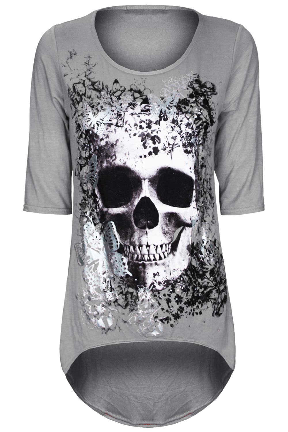 Cropped Sleeve Skull Print Curve Hem Top