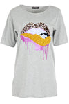 Lily Glitter Biting Leopard Lips Printed Baggy Oversized T Shirt