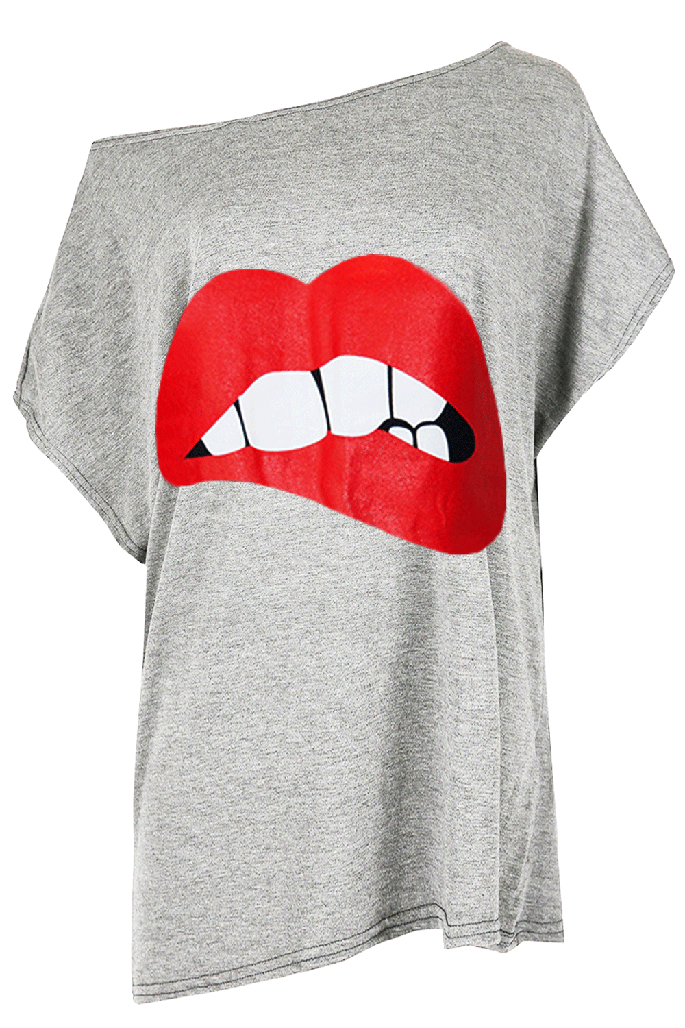 Graphic Print Lips Oversize Black Bat Wing Tshirt