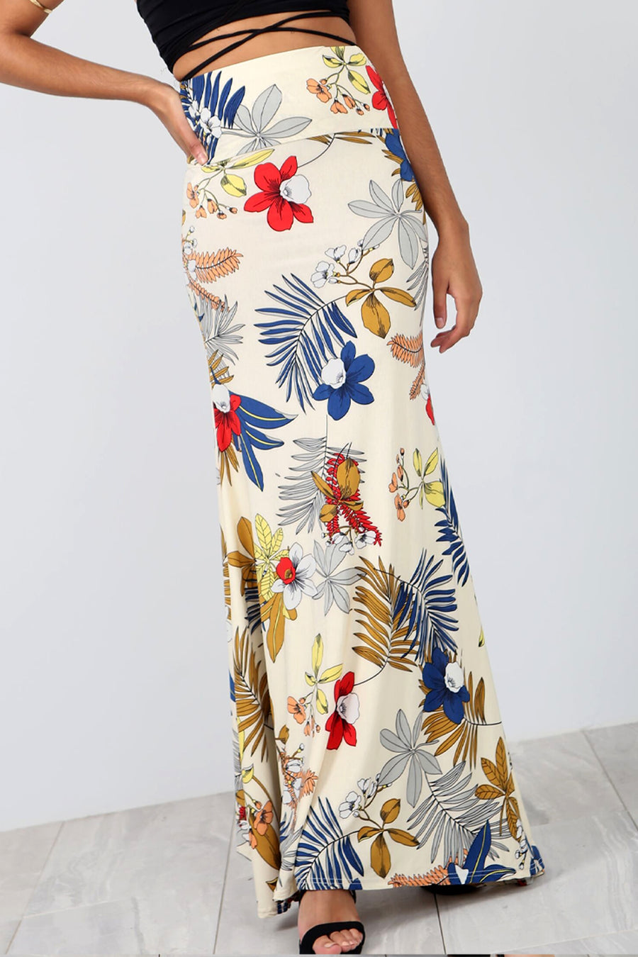 High Waist Beige Floral Fishtail Maxi Skirt - bejealous-com