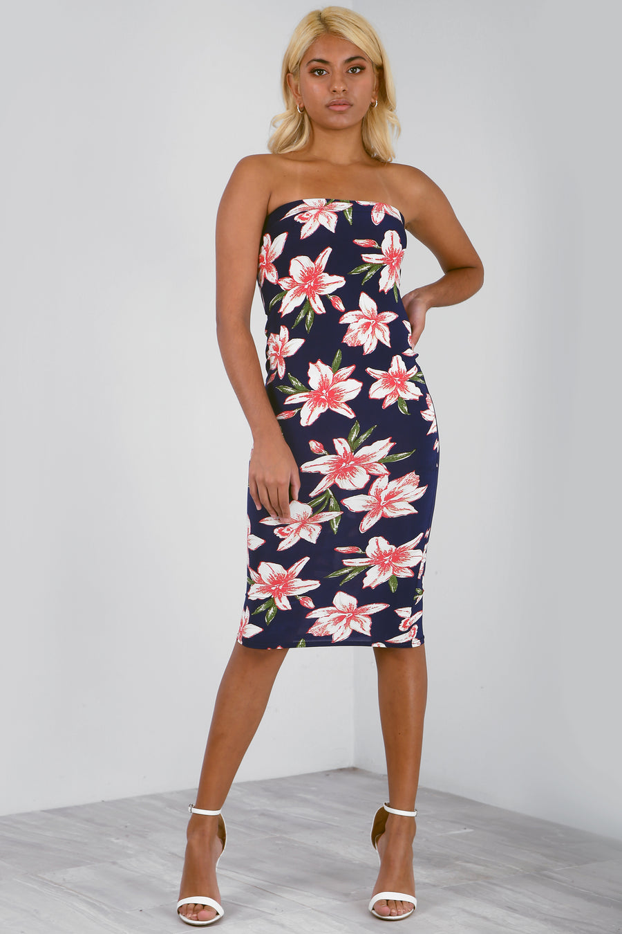 Navy Bandeau Floral Print Midi Bodycon Dress - bejealous-com