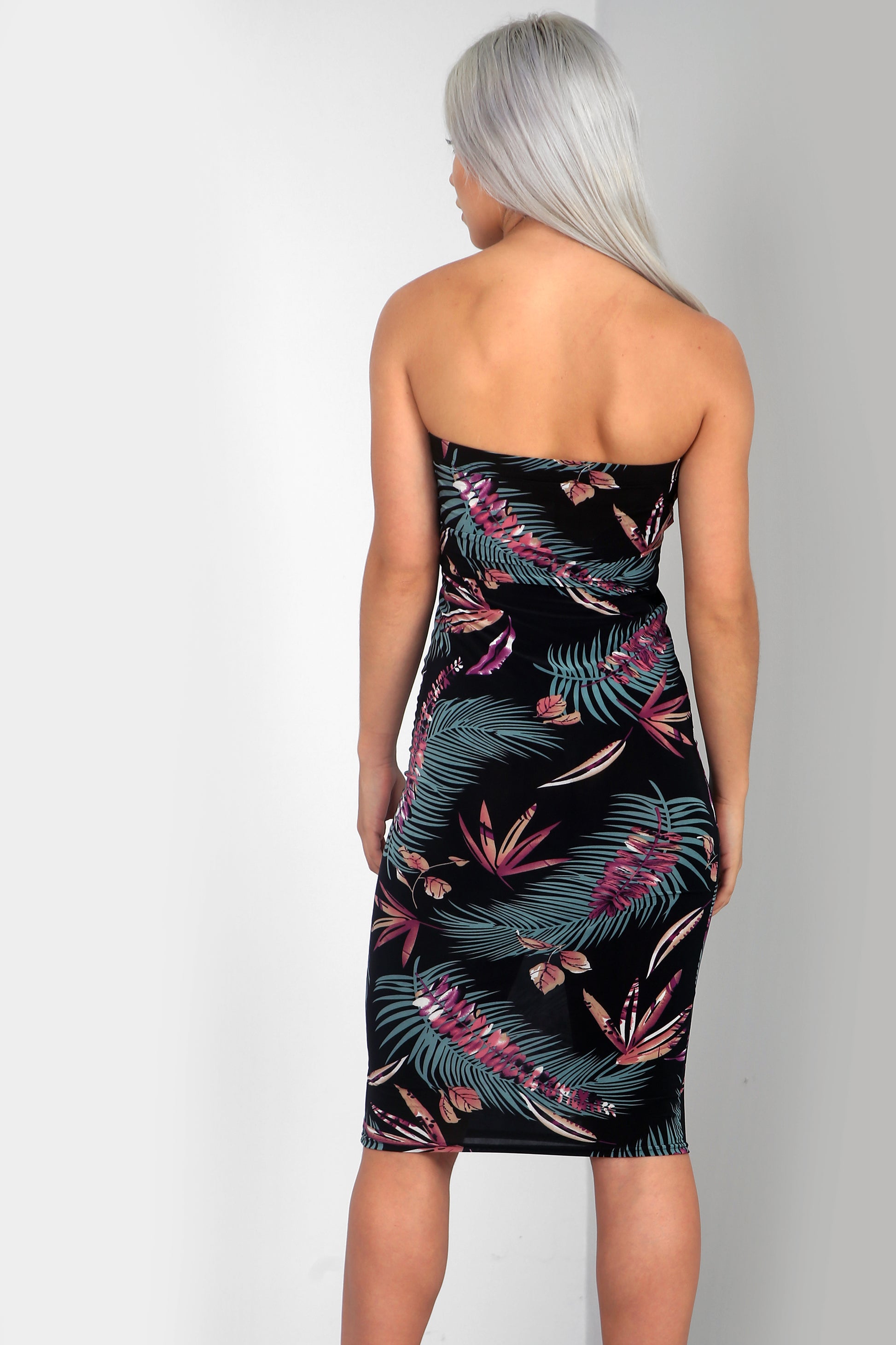 Bandeau Black Tropical Print Midi Bodycon Dress - bejealous-com