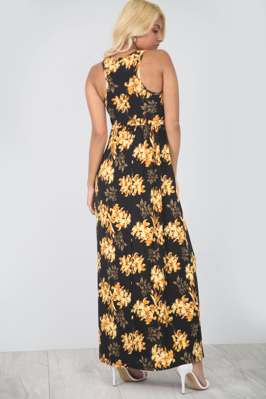 Racer Back Gold Floral Print Slinky Maxi Dress - bejealous-com