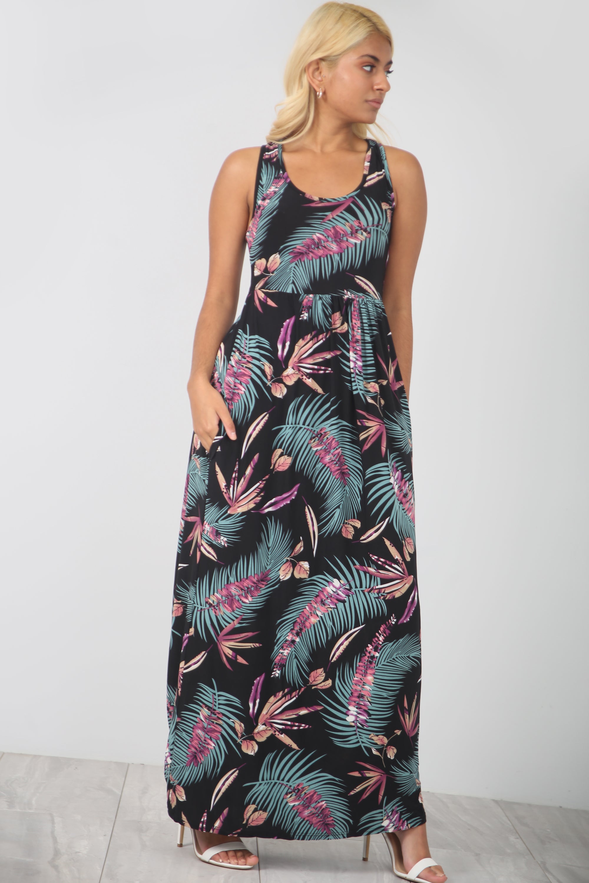Tropical Print Purple Maxi Dress With Pockets - bejealous-com