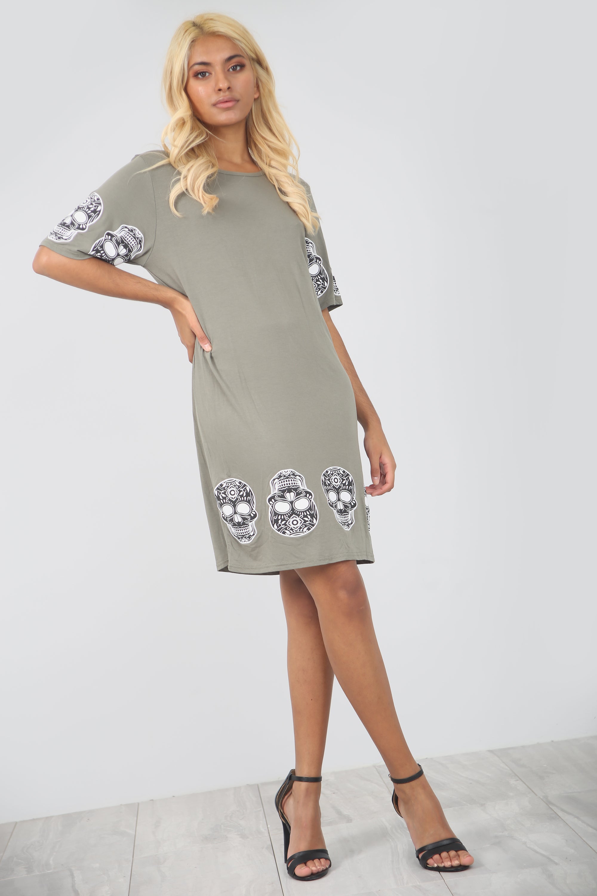 Skull Print Loose Fit Khaki Tshirt Dress - bejealous-com