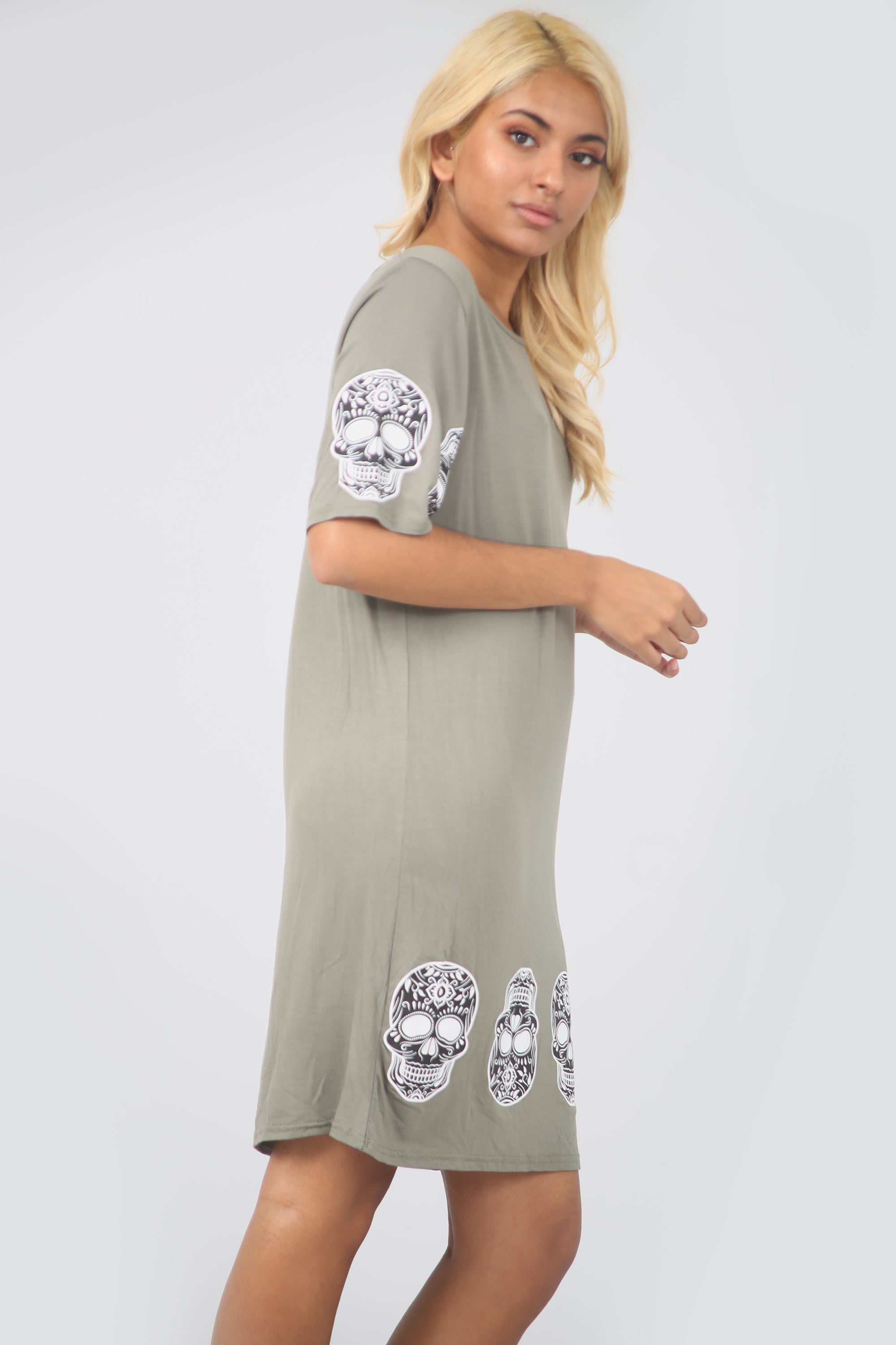 Skull Print Loose Fit Khaki Tshirt Dress - bejealous-com