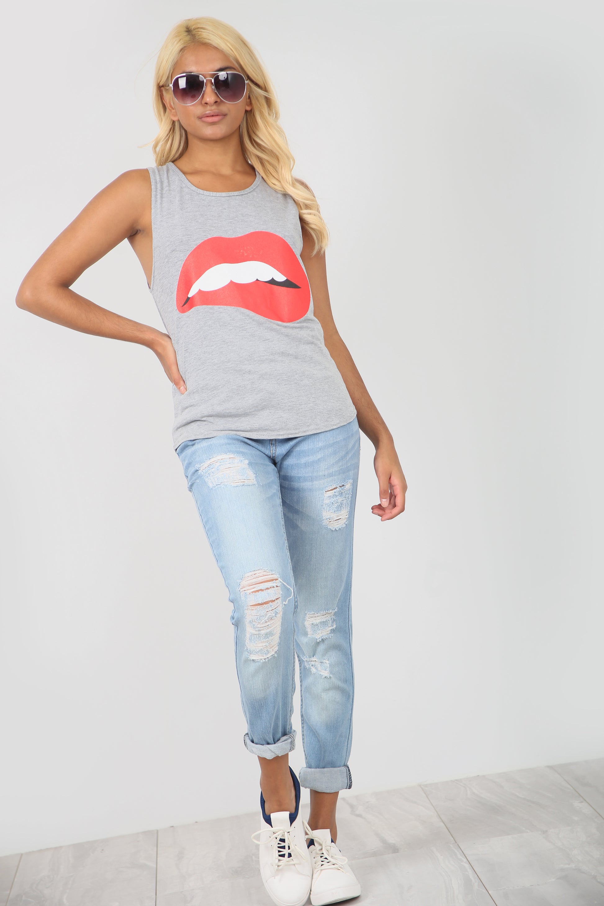 Lips Graphic Print Curved Hem Vest Top - bejealous-com