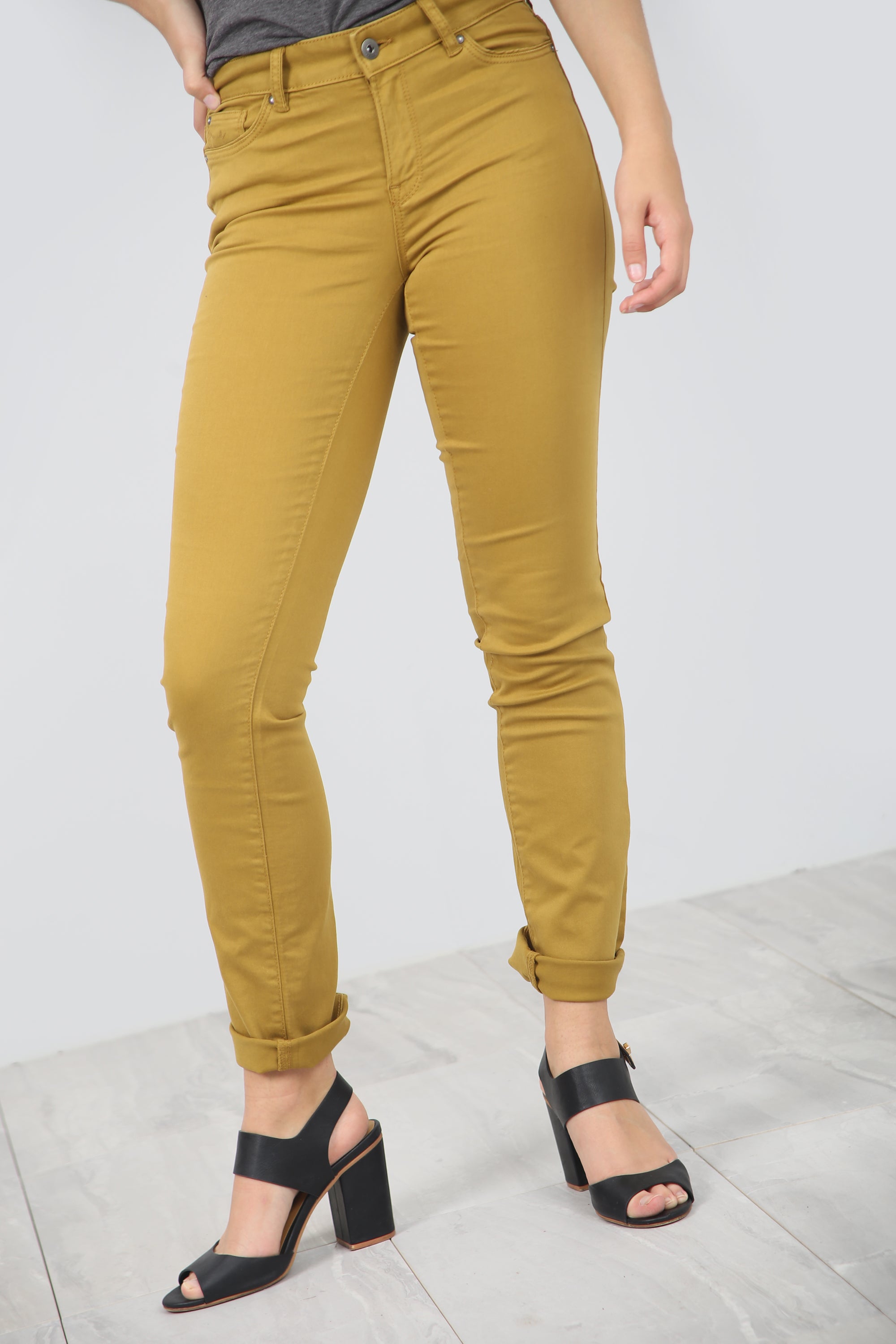 High Waist Slim Leg Mustard Chino Trousers - bejealous-com