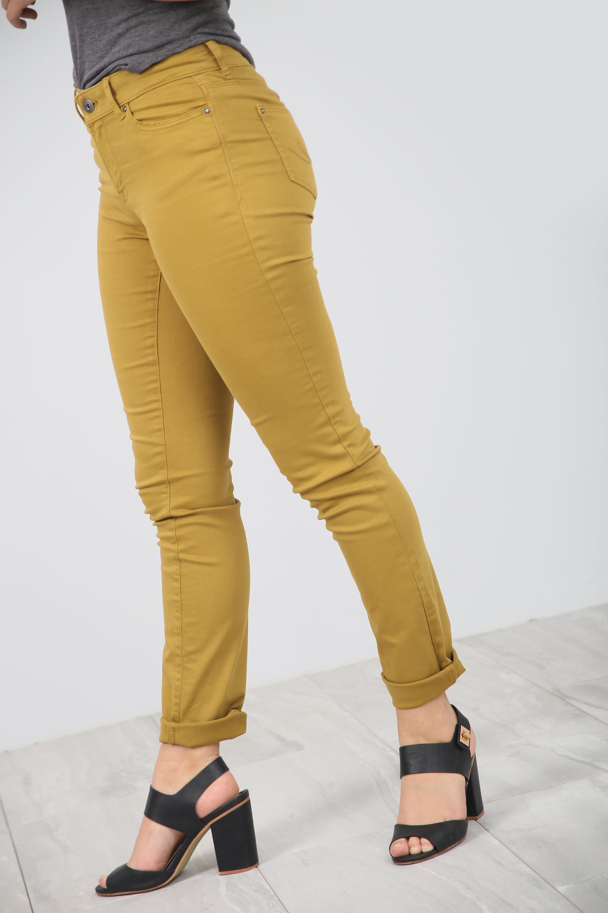 High Waist Slim Leg Mustard Chino Trousers - bejealous-com