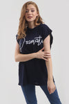 Turn Up Sleeve Dramatic Slogan Print Baggy Tshirt - bejealous-com