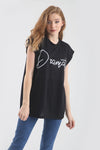 Turn Up Sleeve Dramatic Slogan Print Baggy Tshirt - bejealous-com