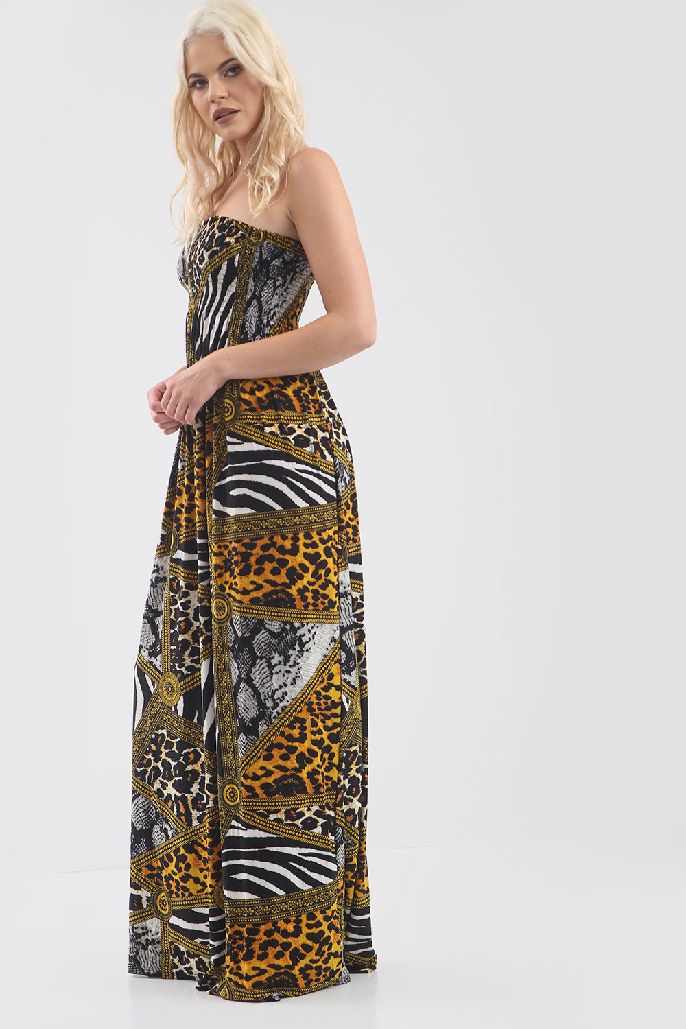 Animal Print Strapless Shirring Maxi Dress - bejealous-com