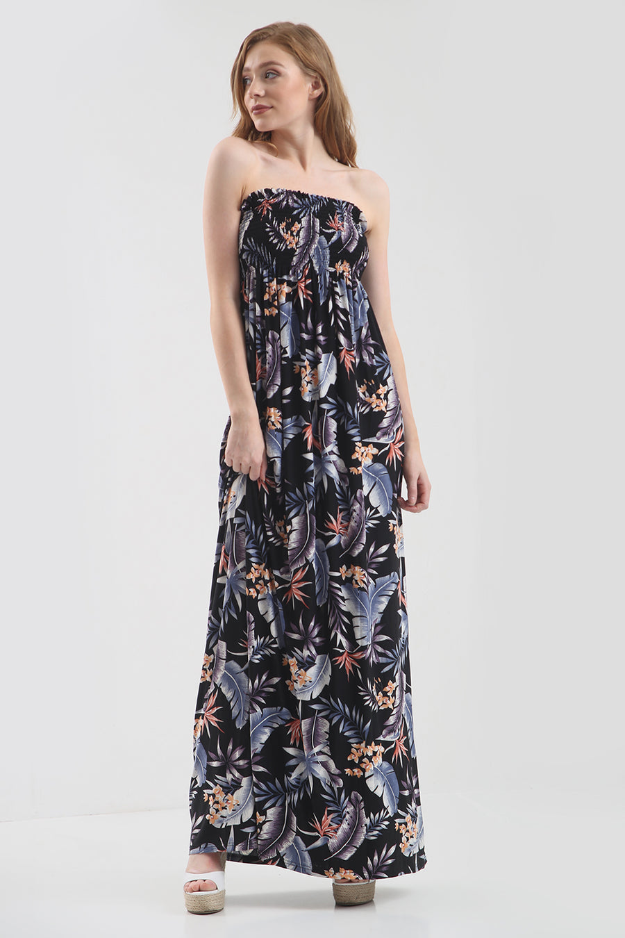 Tropical Print Bardot Black Maxi Dress - bejealous-com