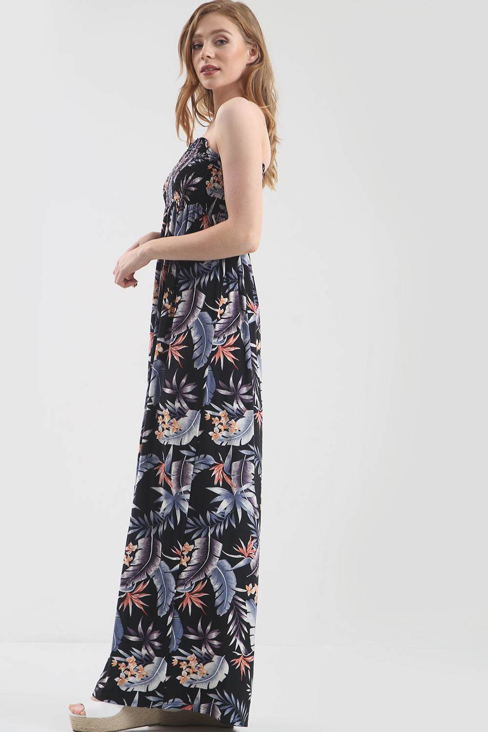 Tropical Print Bardot Black Maxi Dress - bejealous-com