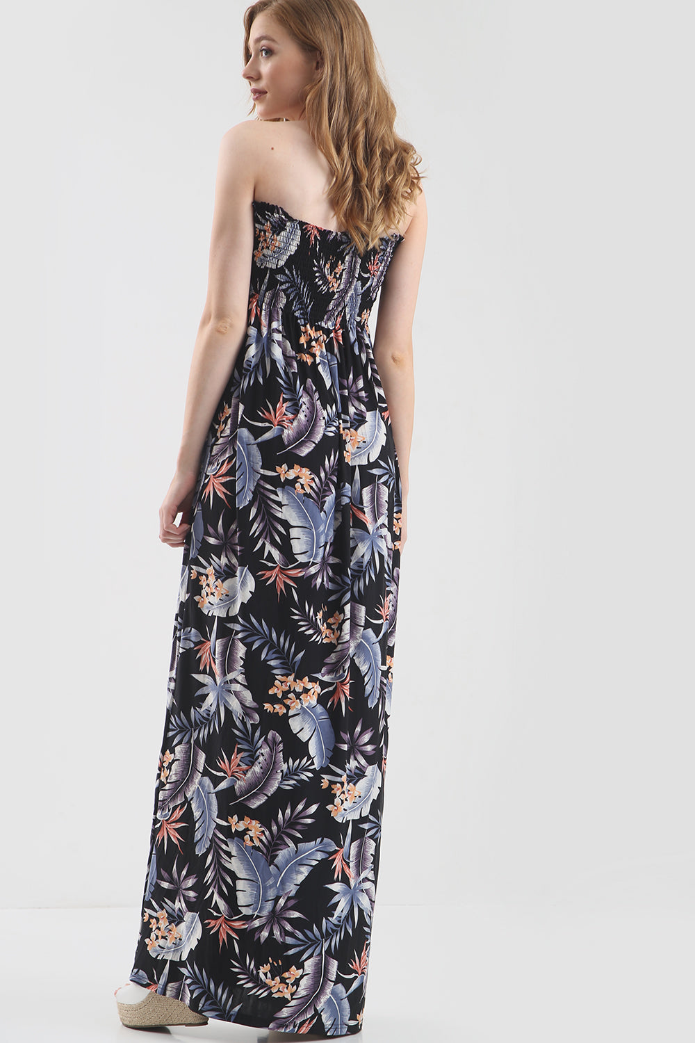 Tropical Print Bardot Black Maxi Dress - bejealous-com
