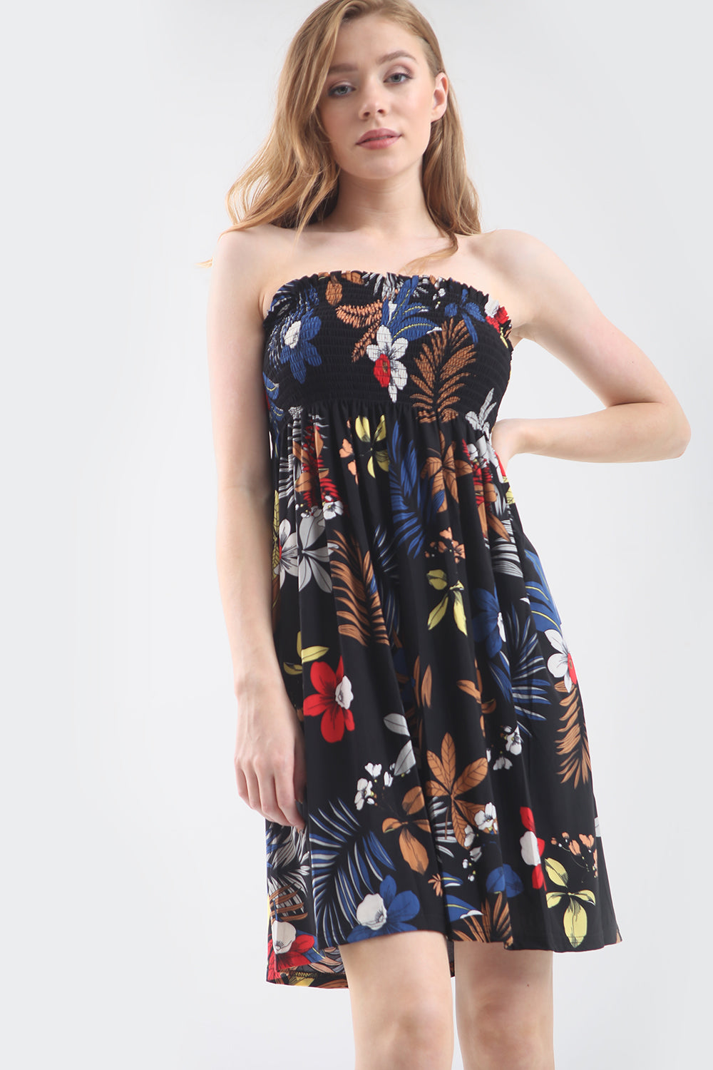 Tropical Print Black Bardot Mini Swing Dress - bejealous-com