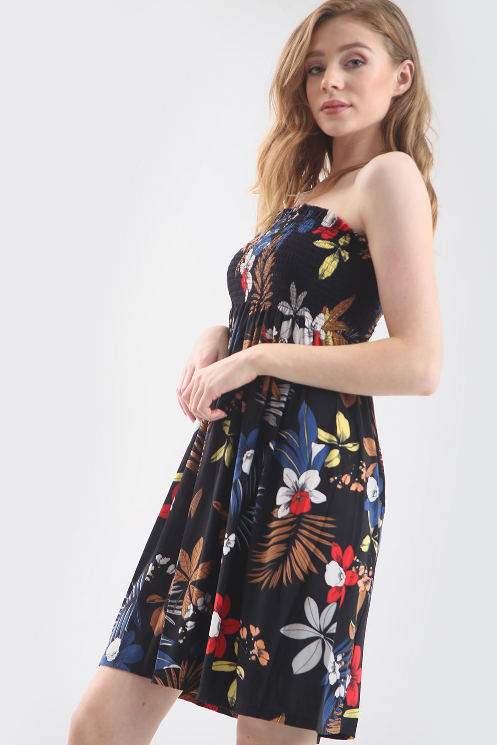 Tropical Print Black Bardot Mini Swing Dress - bejealous-com