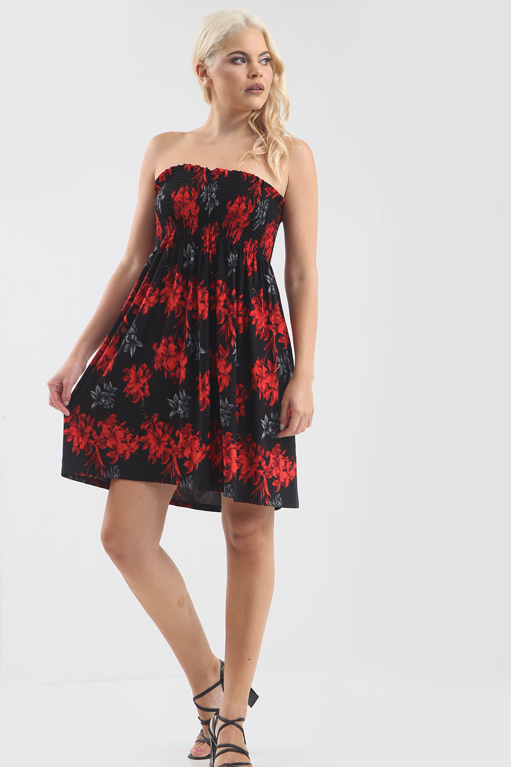 Sheered Bardot Red Floral Mini Swing Dress - bejealous-com