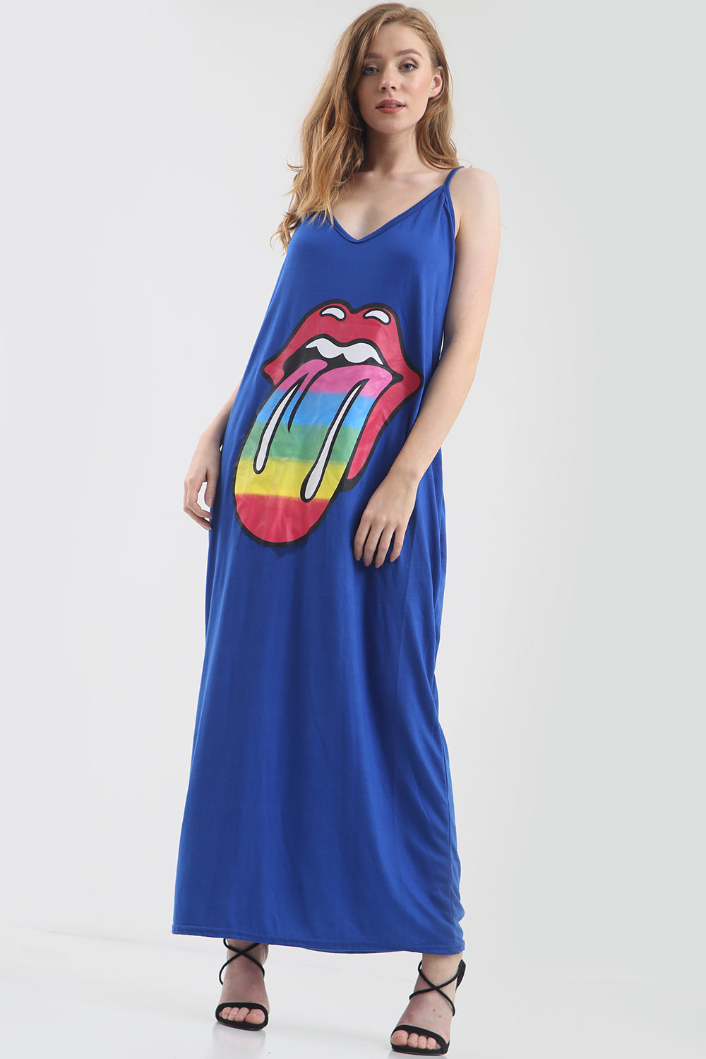 Strappy Rainbow Lips Print Charcoal Maxi Dress - bejealous-com