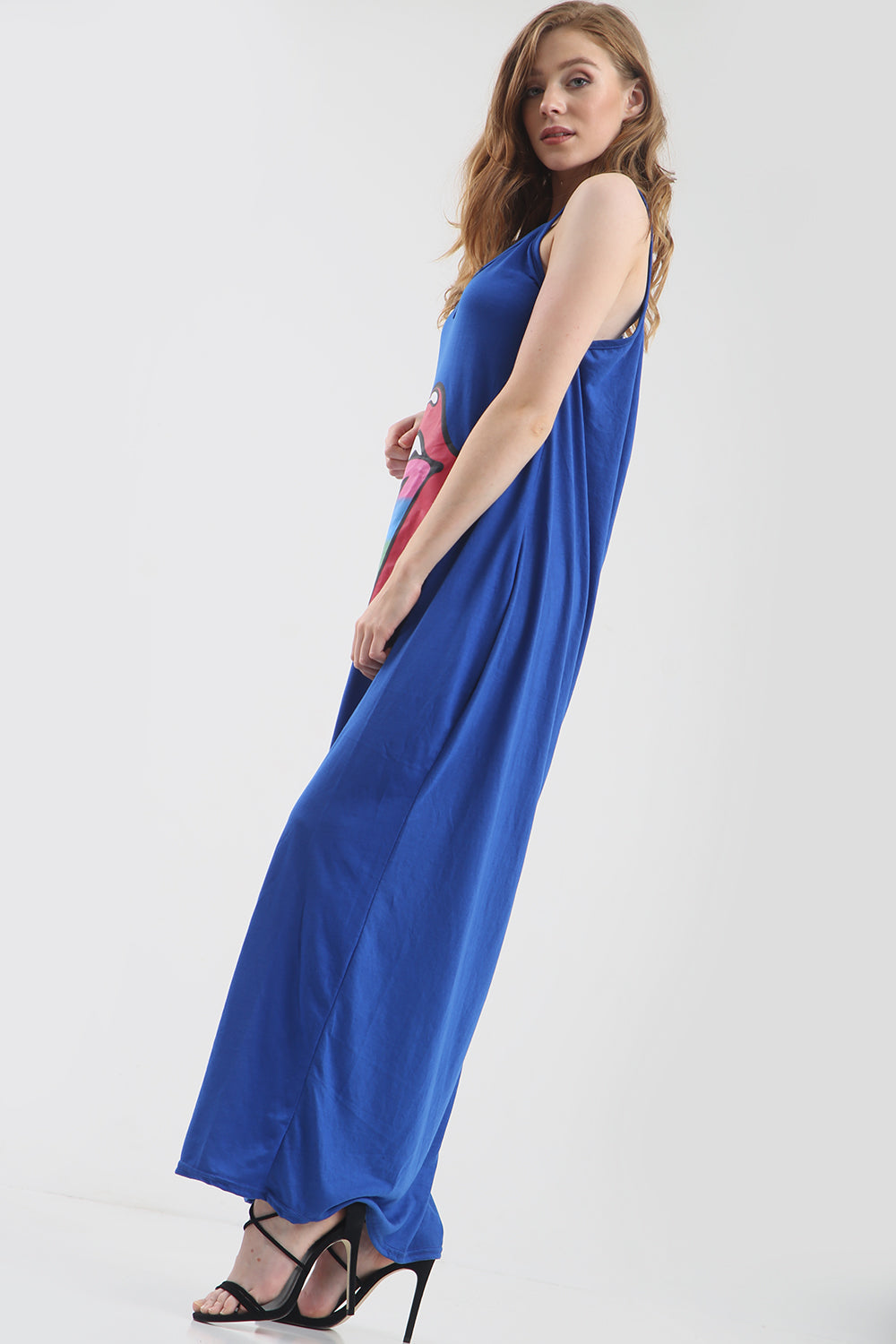 Strappy Rainbow Lips Print Charcoal Maxi Dress - bejealous-com