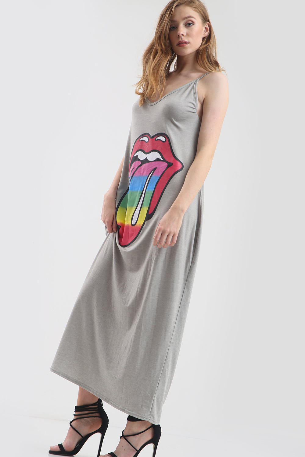 Strappy Grey Rainbow Graphic Print Maxi Dress - bejealous-com