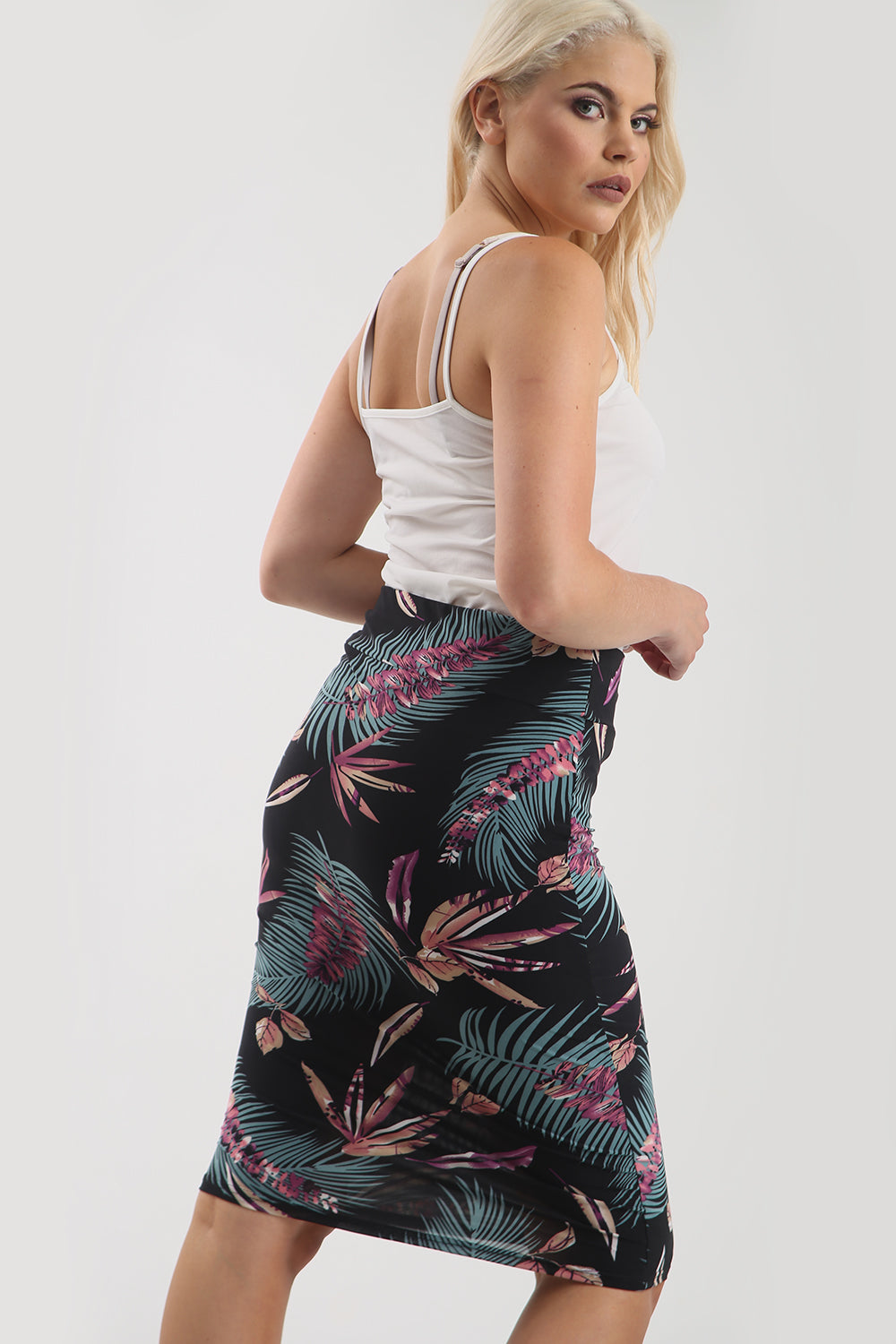 Cream High Waisted Tropical Print Midi Skirt - bejealous-com