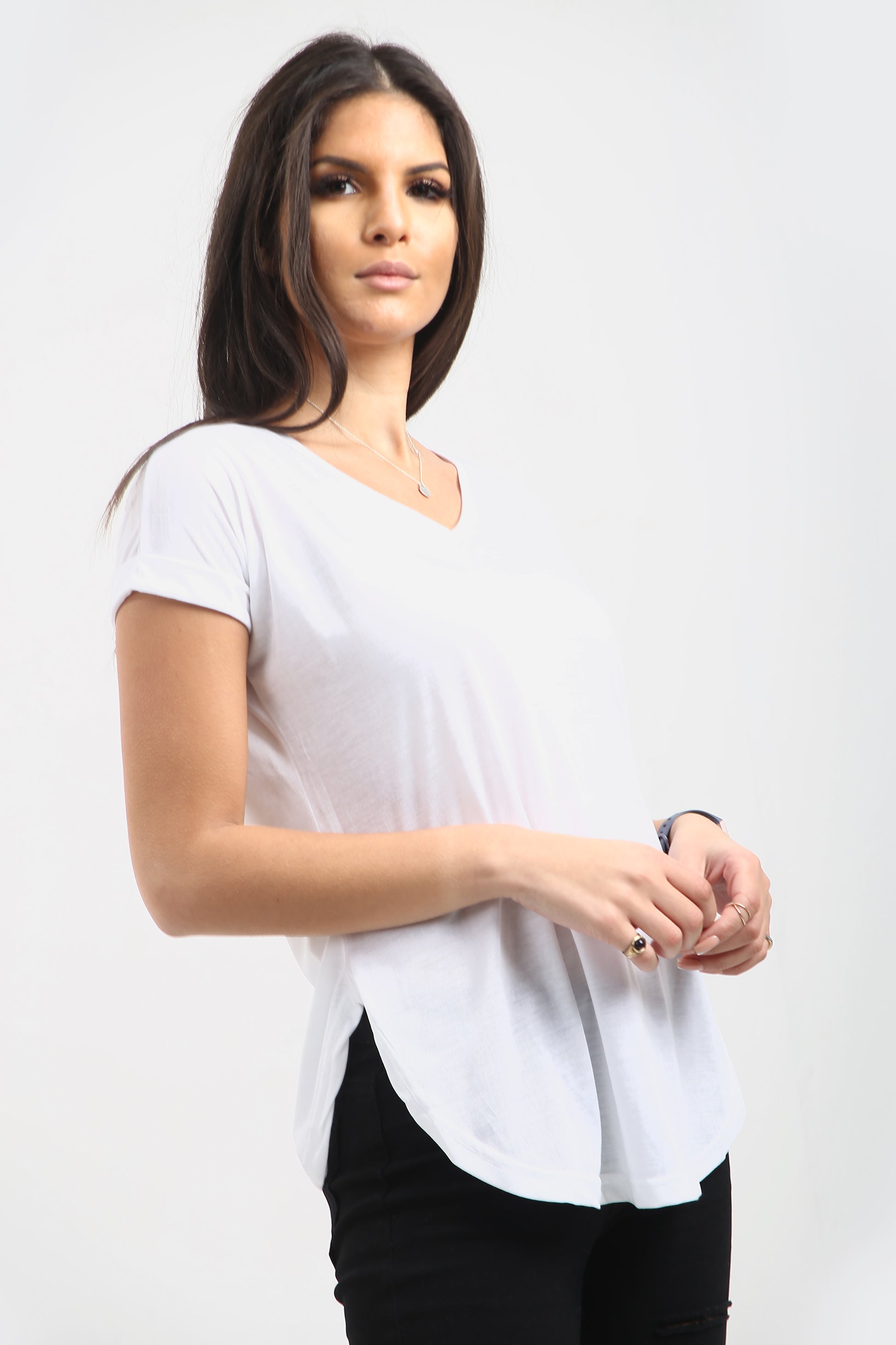 Isla Plain V Neck Curved Hem T Shirt