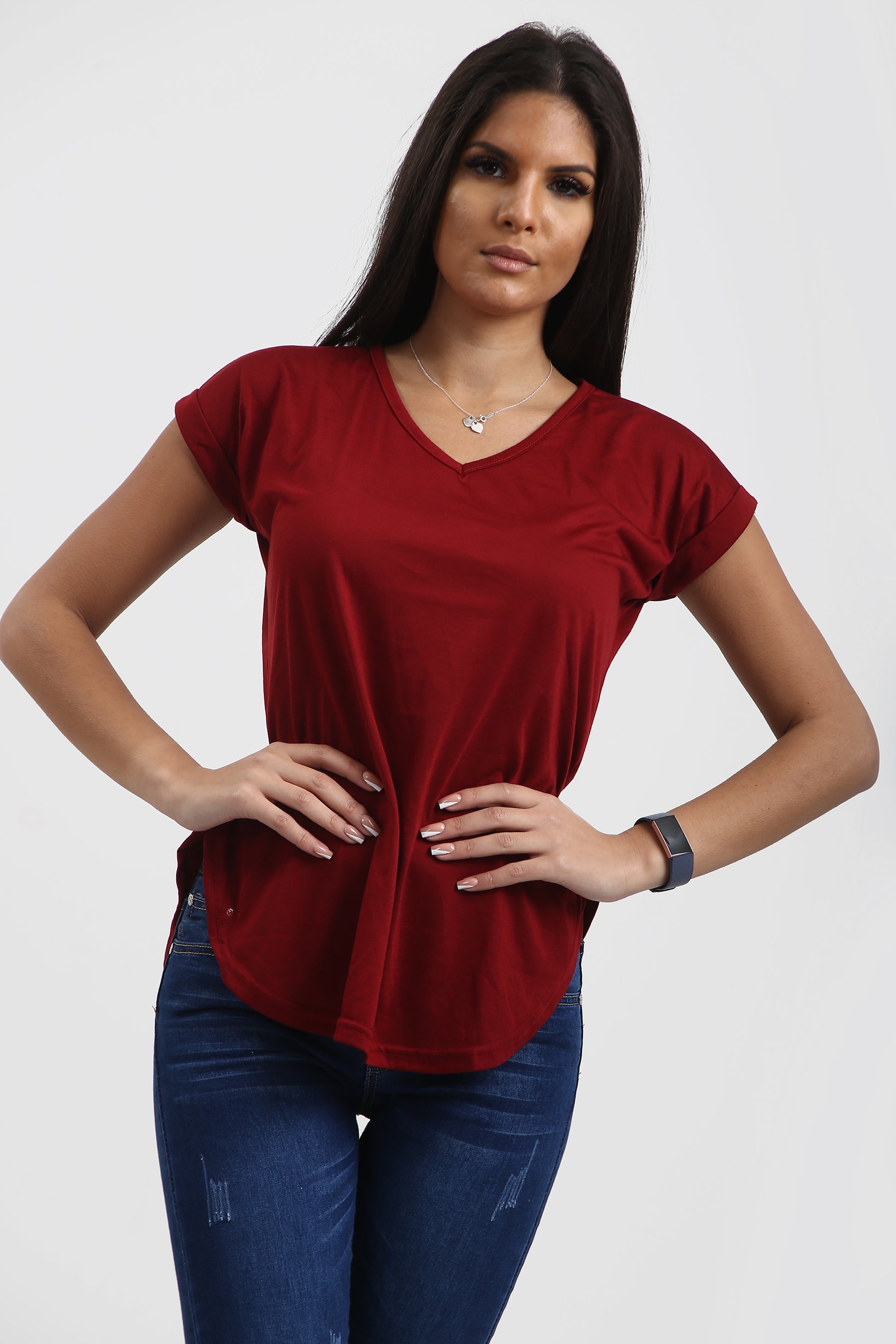 Isla Plain V Neck Curved Hem T Shirt