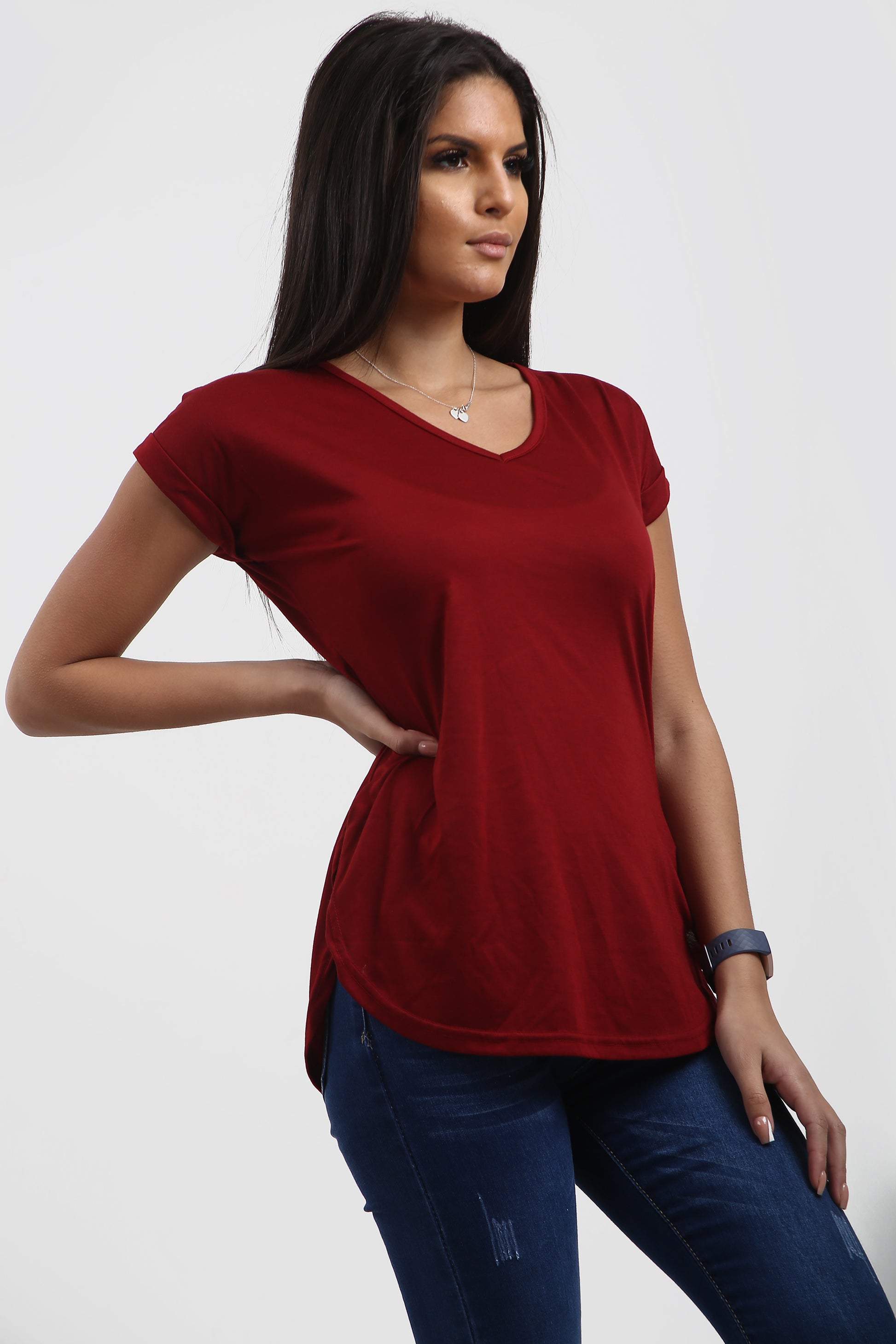 Isla Plain V Neck Curved Hem T Shirt