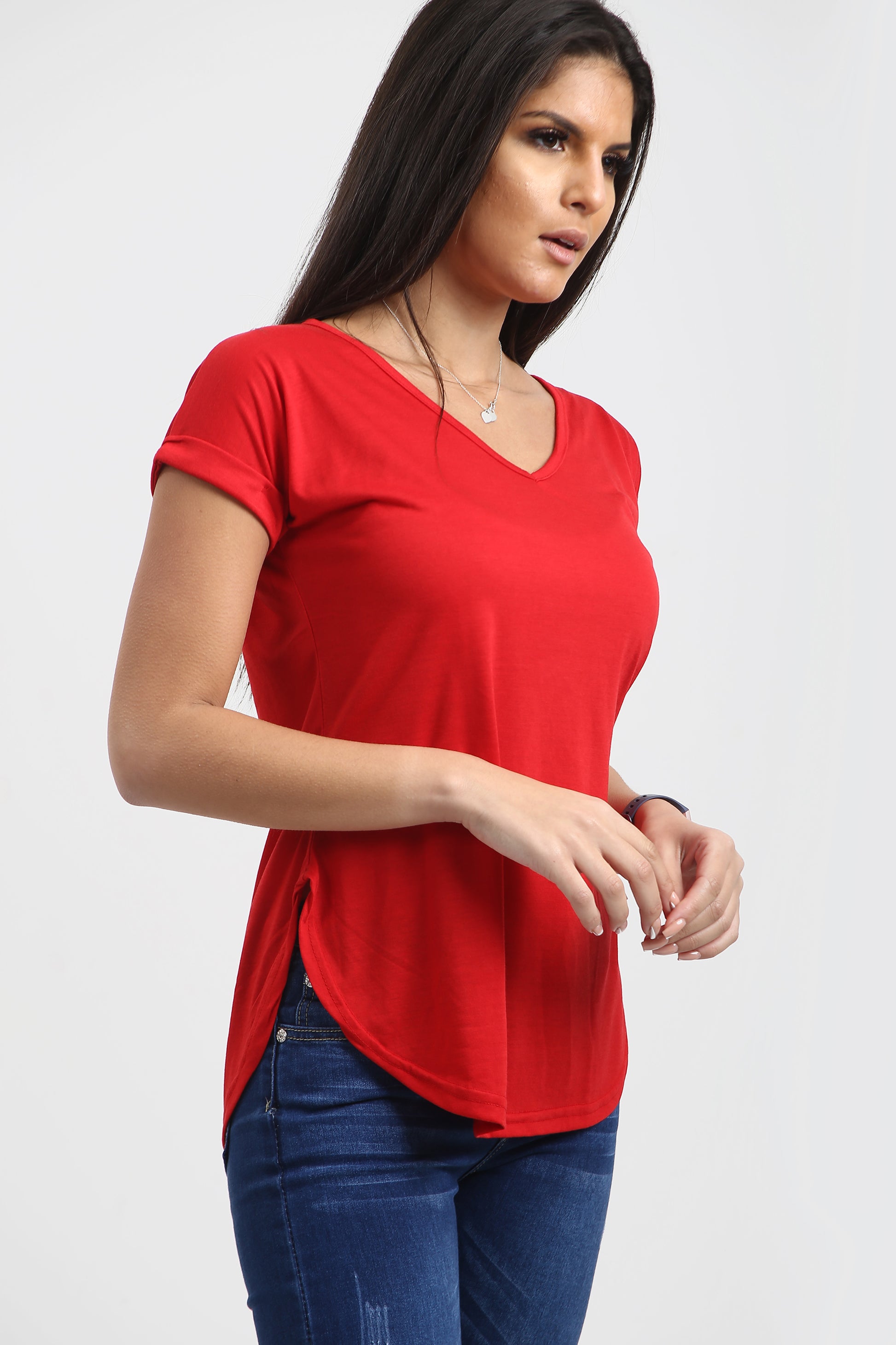Isla Plain V Neck Curved Hem T Shirt