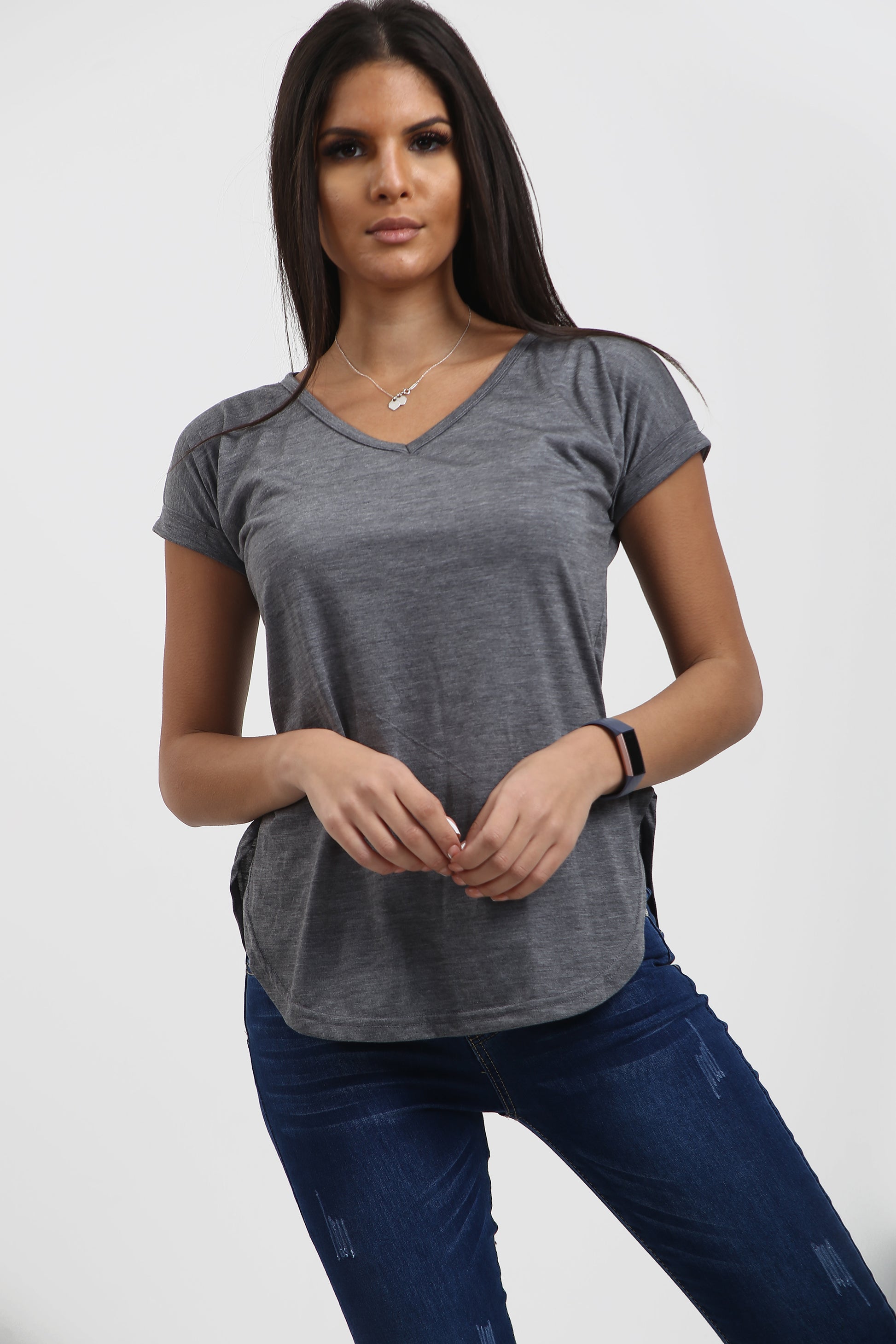 Isla Plain V Neck Curved Hem T Shirt