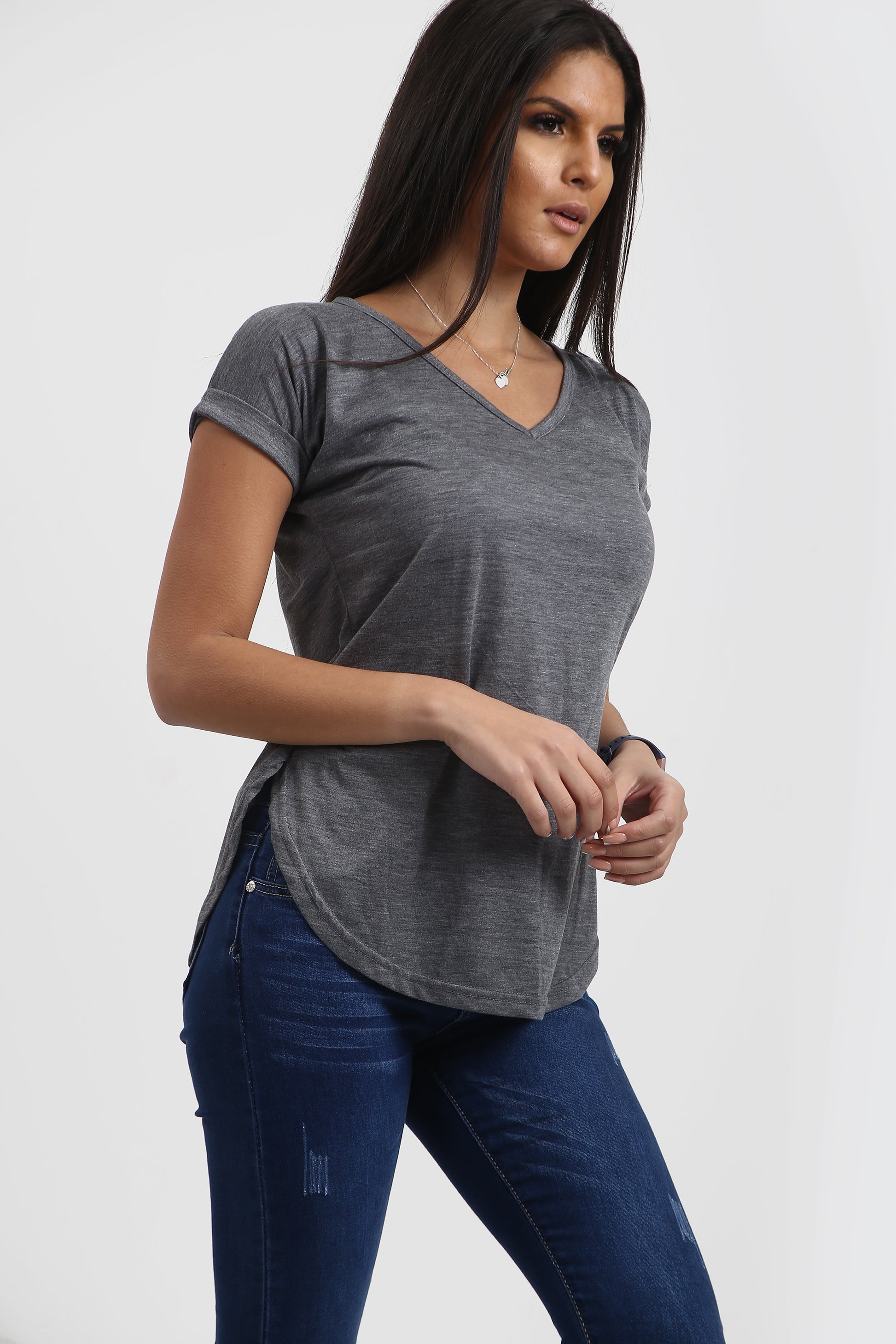 Isla Plain V Neck Curved Hem T Shirt