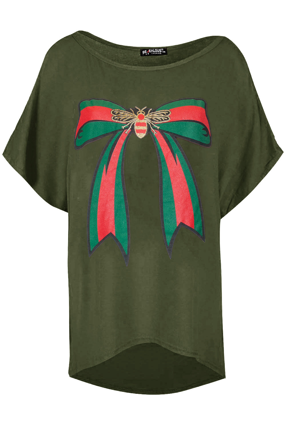 Graphic Print Bow Bat Wing Oversize Black Tshirt - bejealous-com