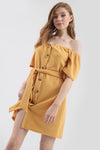 Yellow Off Shoulder Button Through Mini Dress - bejealous-com