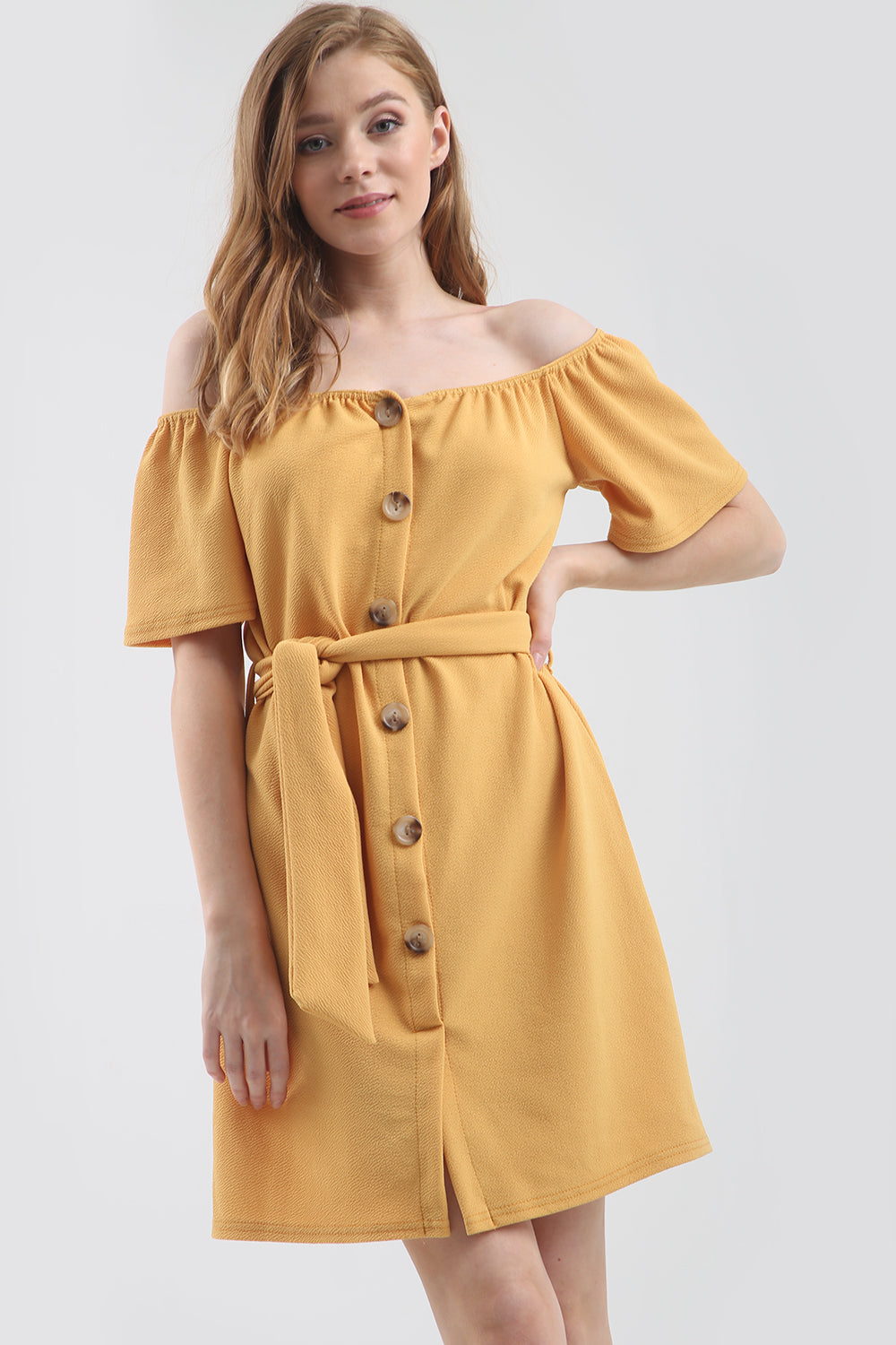 Yellow Off Shoulder Button Through Mini Dress - bejealous-com