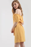 Yellow Off Shoulder Button Through Mini Dress - bejealous-com