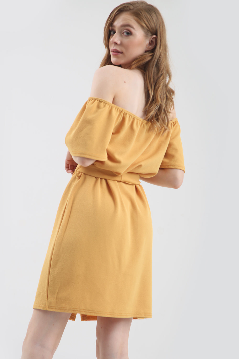 Yellow Off Shoulder Button Through Mini Dress - bejealous-com