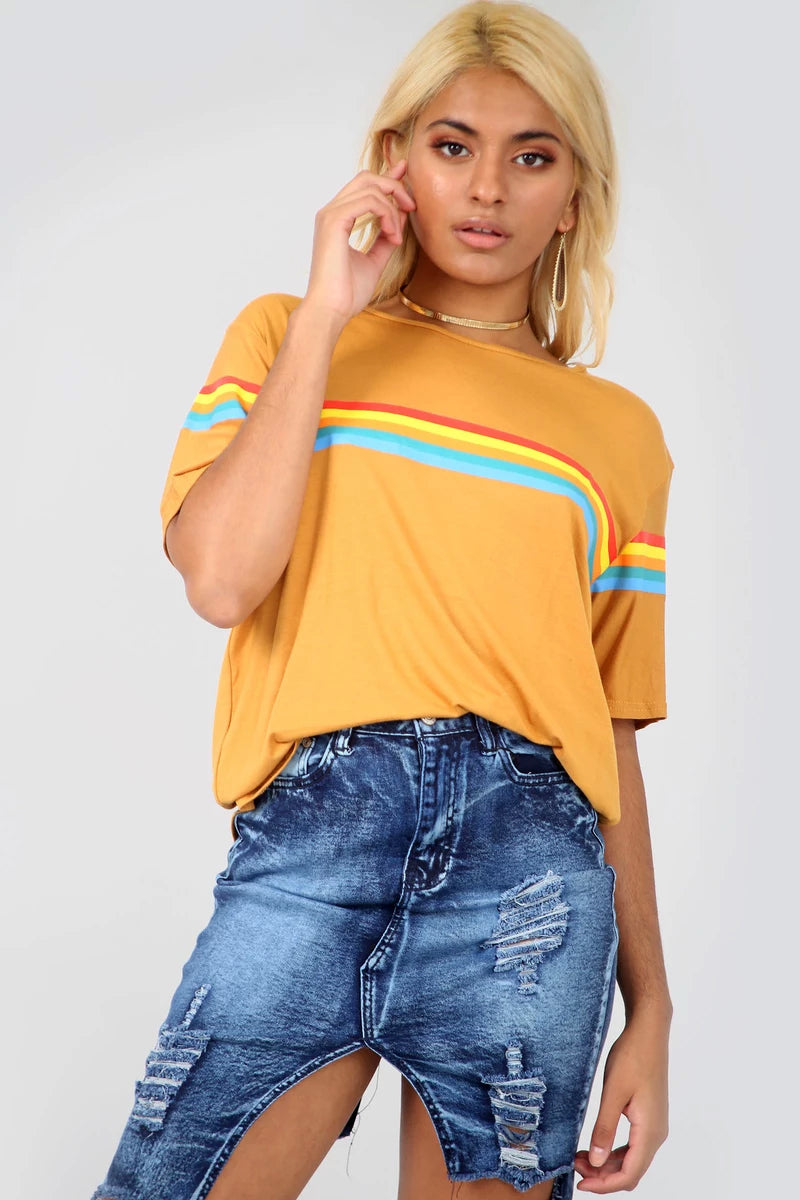 White Oversized T-shirt with Rainbow Stripe - bejealous-com
