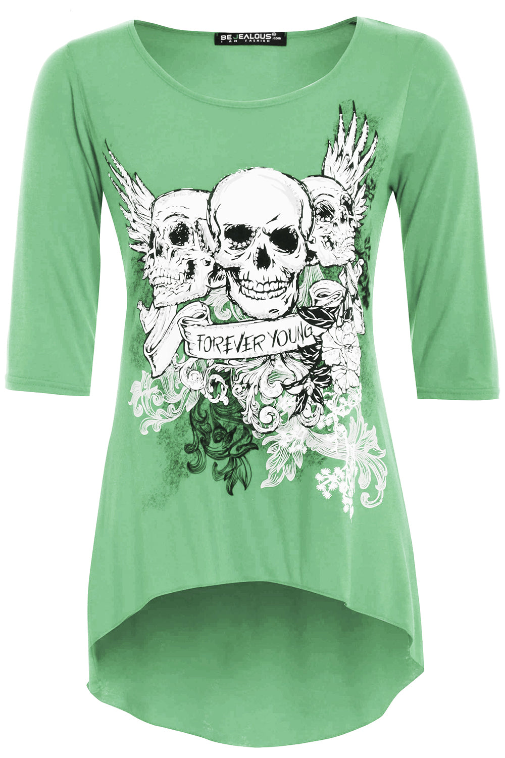 Cropped Sleeve Skull Print Curve Hem Tshirt
