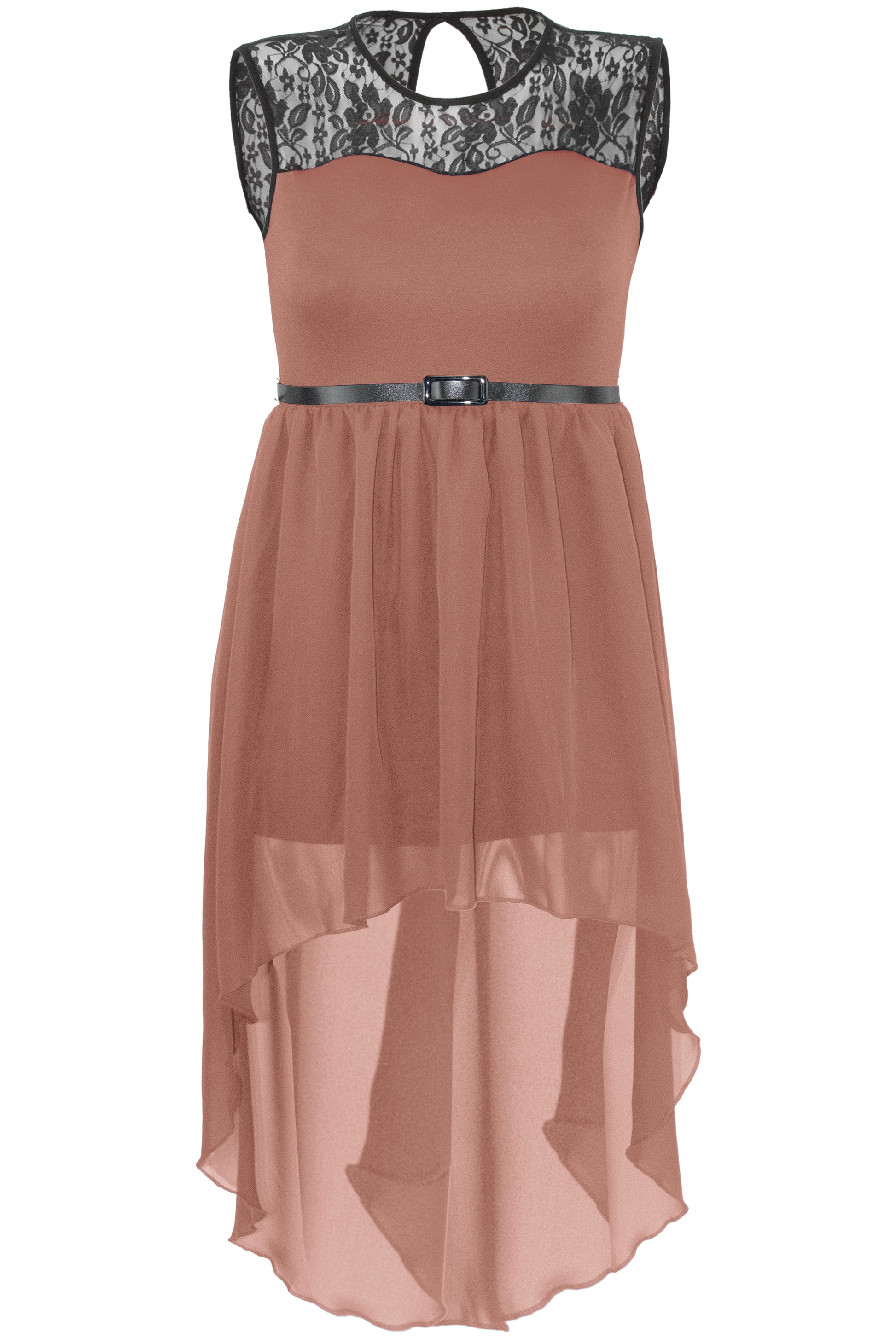 Dipped Hem Lace Insert Chiffon Midi Dress