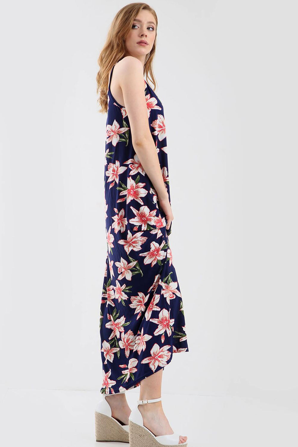 Blue Tropical Floral Print Loose Fit Maxi Dress - bejealous-com