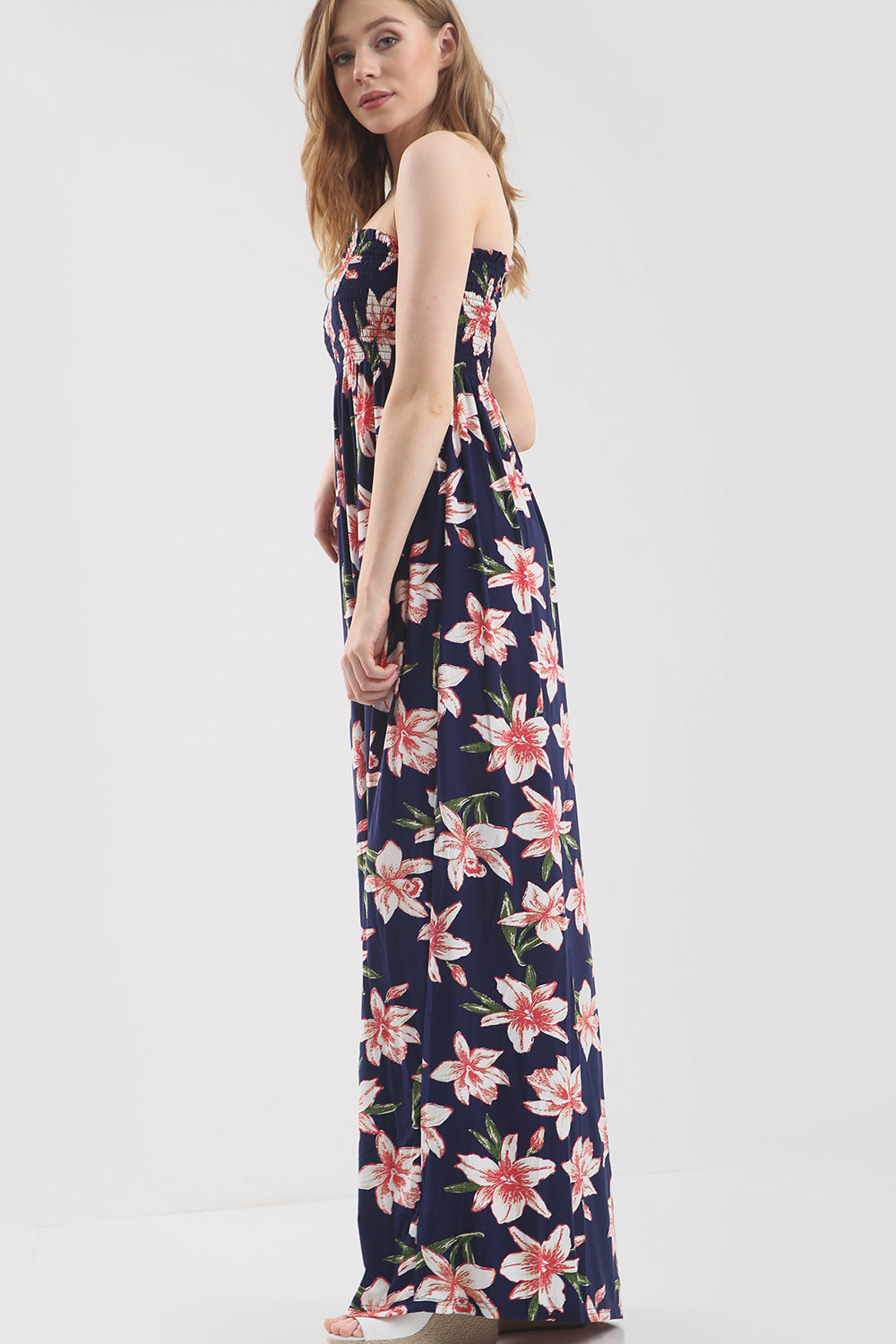 Tropical Print Bardot Black Maxi Dress