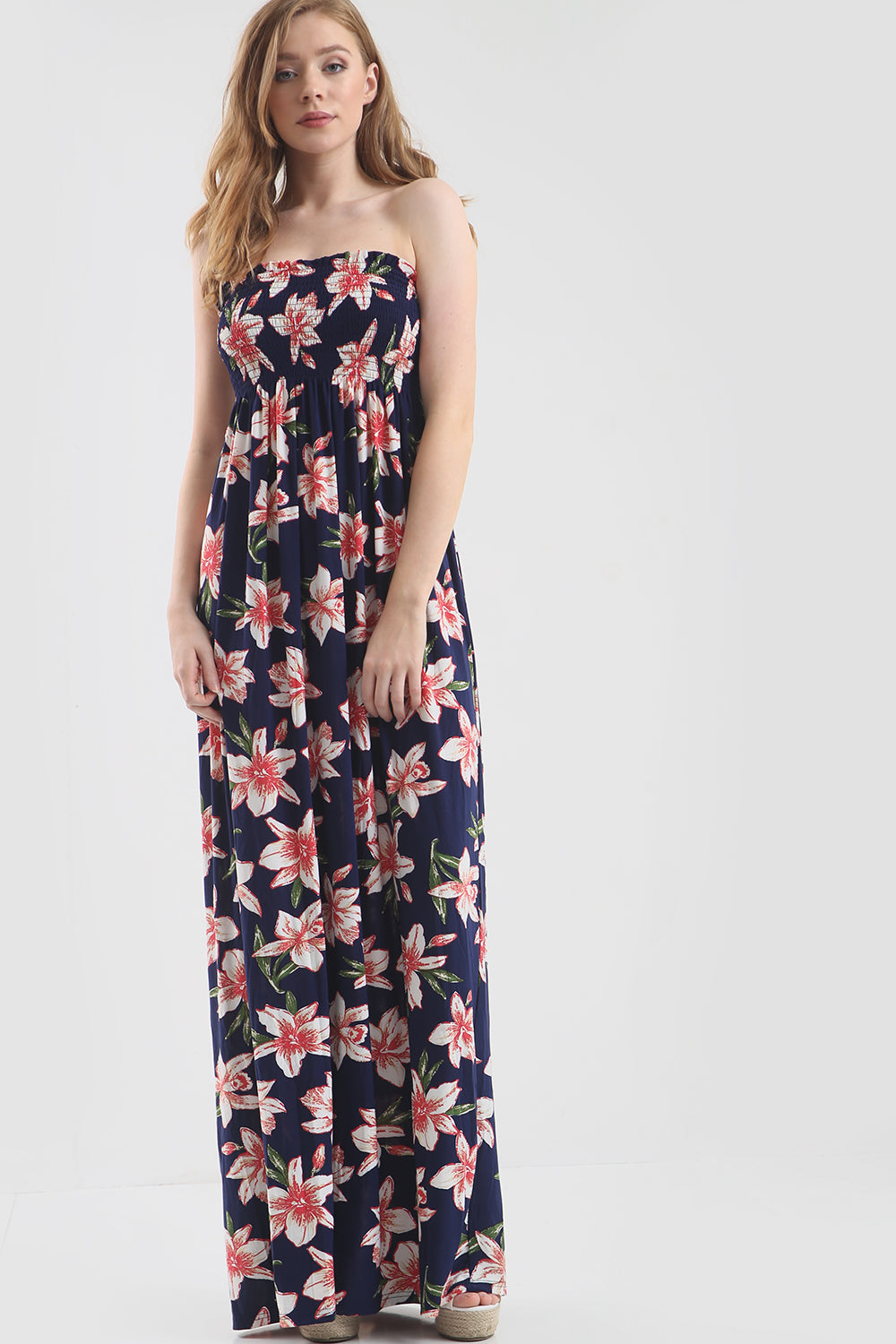 Tropical Print Bardot Black Maxi Dress