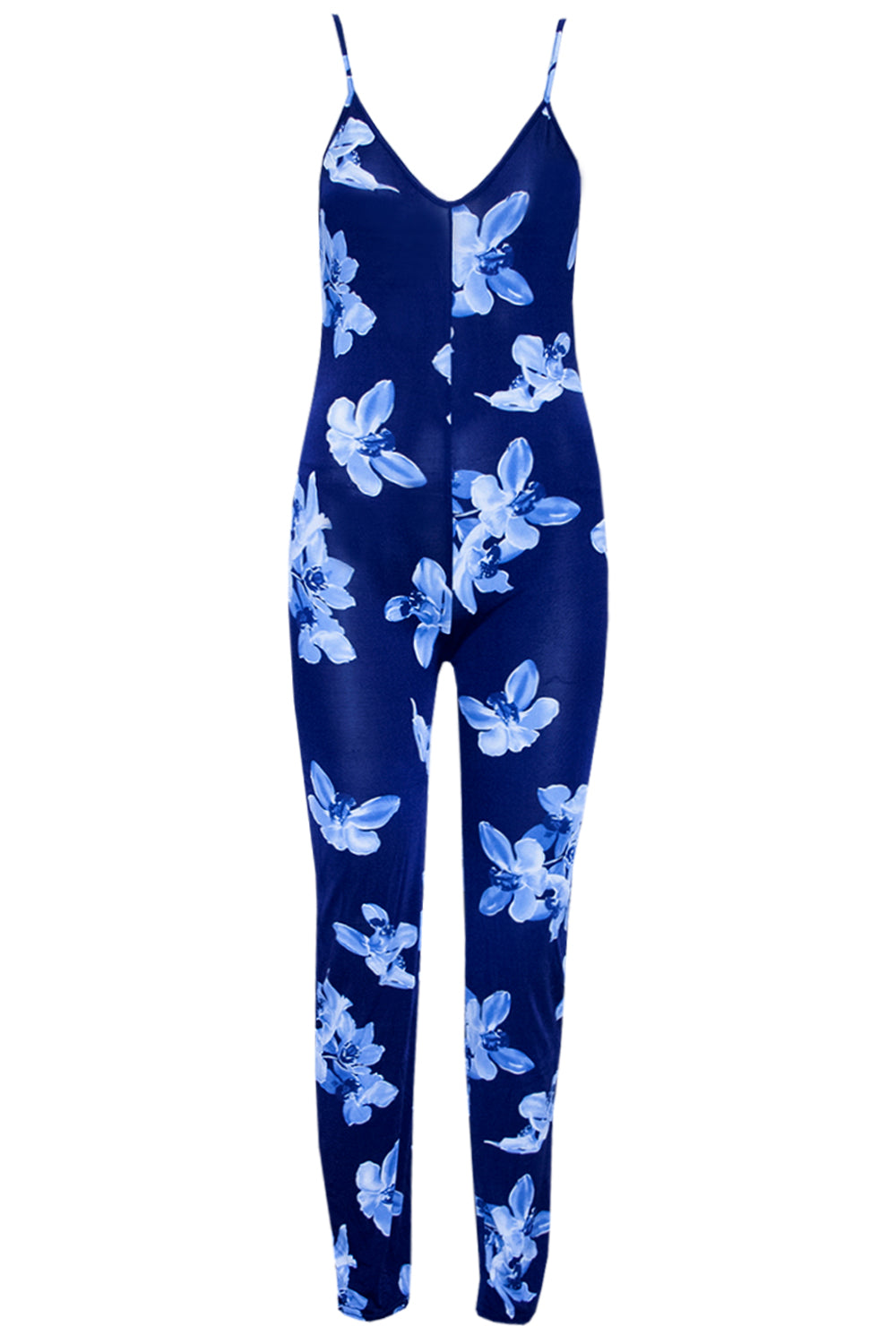 Strappy Blue Tropical Print Slim Leg Lycra Jumpsuit