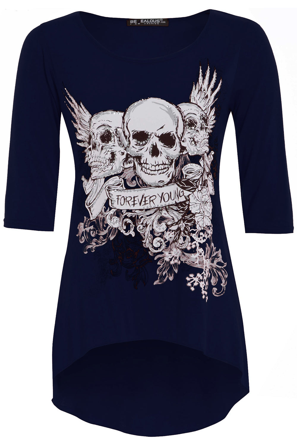 Cropped Sleeve Skull Print Curve Hem Tshirt
