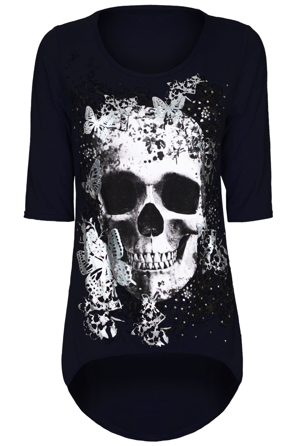 Cropped Sleeve Skull Print Curve Hem Top