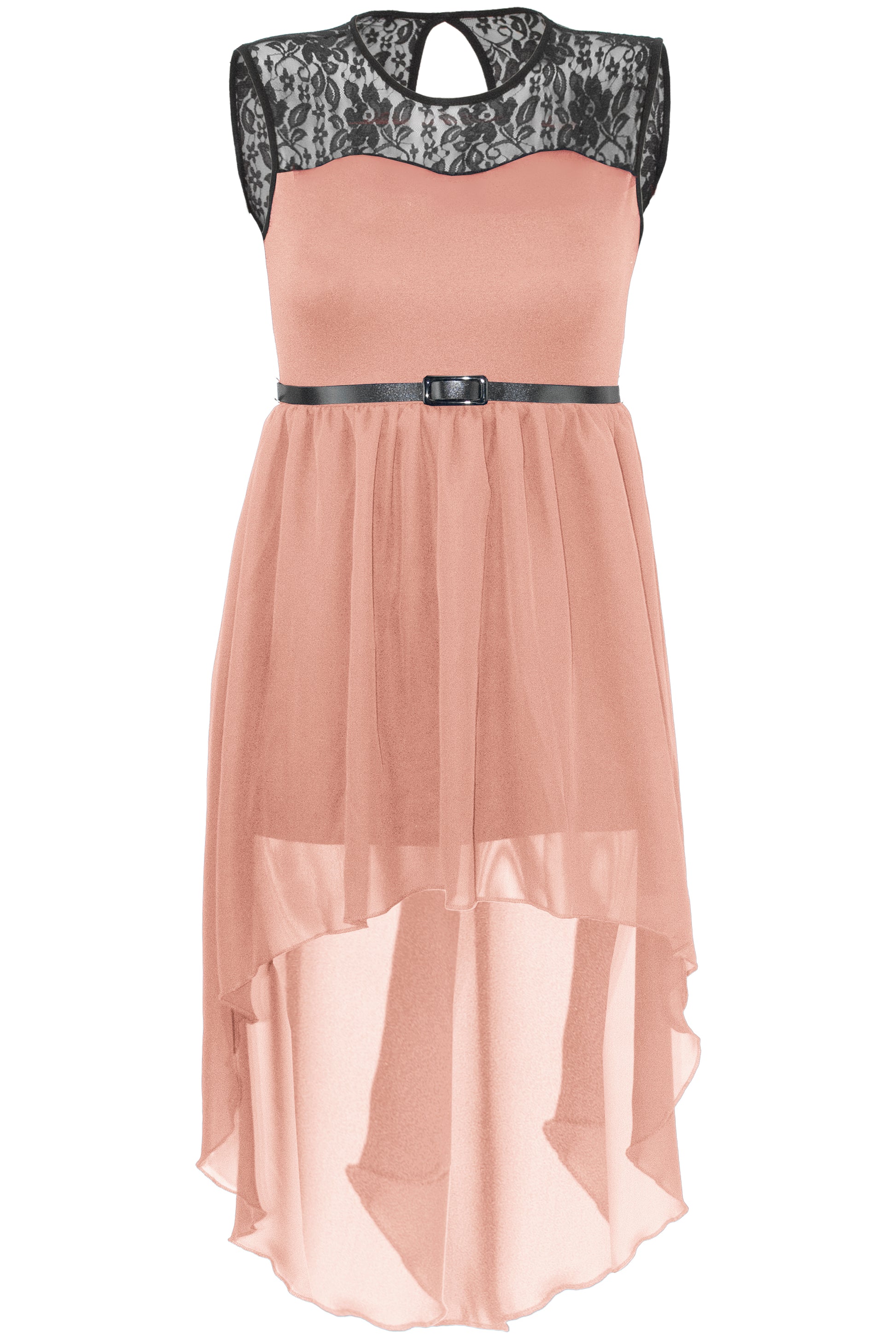 Dipped Hem Lace Insert Chiffon Midi Dress