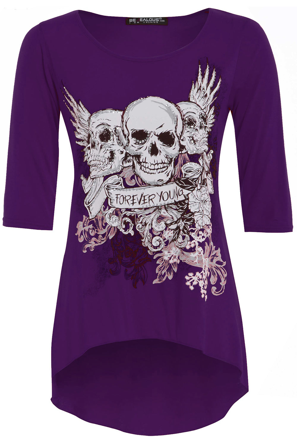 Cropped Sleeve Skull Print Curve Hem Tshirt